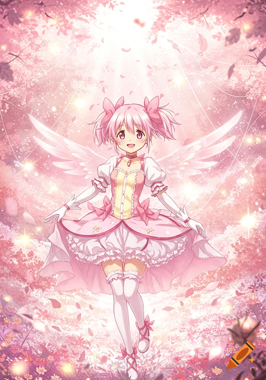 Anime magical girl with pink hair and wings in a sparkling pink forest.