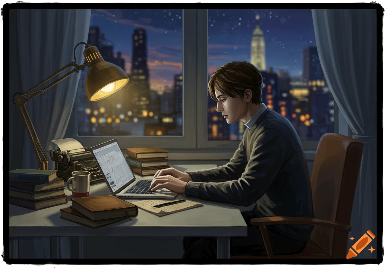 An illustration of a man typing on a laptop at a desk with a typewriter and books, illuminated by a lamp, overlooking a city at night.