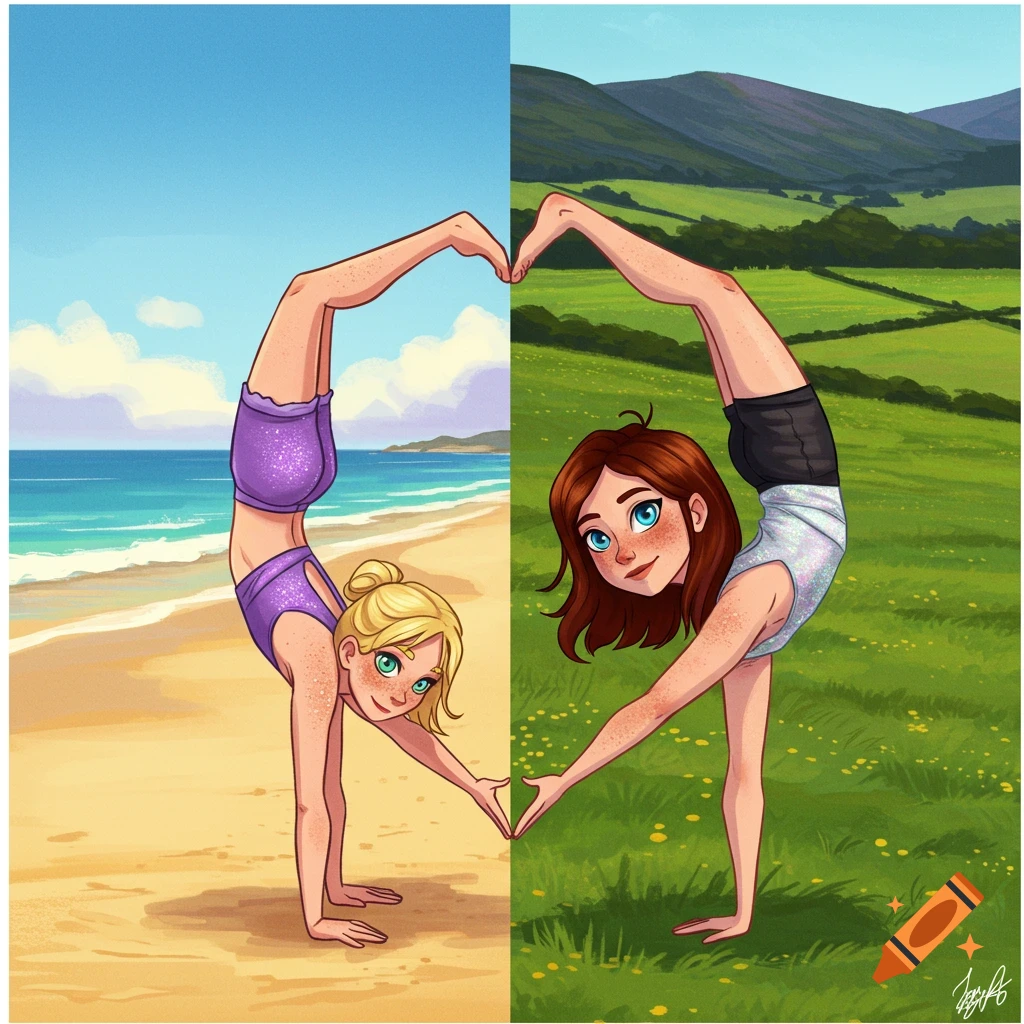 Cartoon illustration of two young women doing handstands to form a heart, one on a beach and the other in a green field.