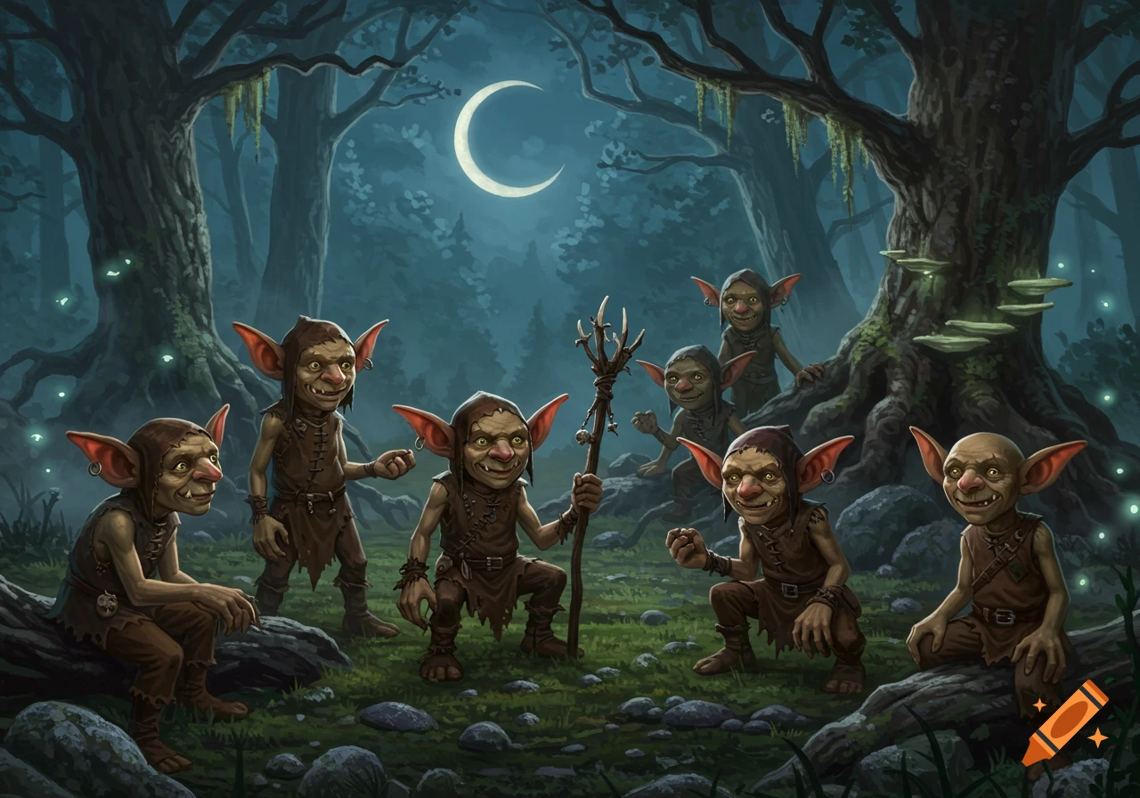 A group of mischievous goblins gathered in a dark, moonlit forest with glowing flora, one holding a staff.