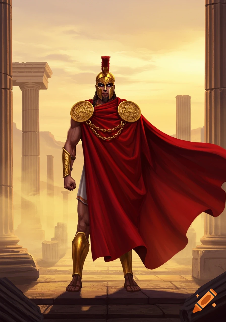 An illustrated Greek warrior in golden armor and a flowing red cape stands among ruined columns under a golden sky.