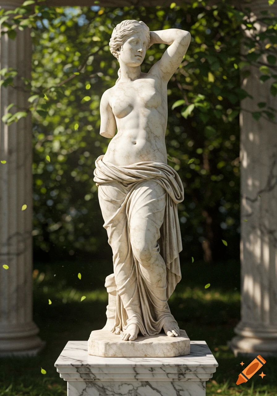 Photorealistic marble statue of a Hellenistic goddess with missing arms, standing on a pedestal in a lush green garden.
