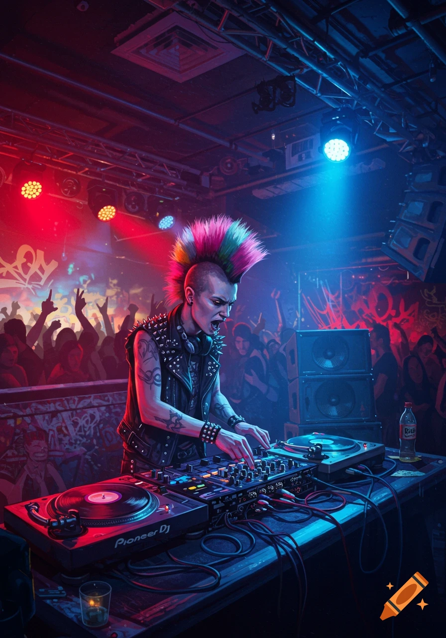 A punk DJ with a colorful mohawk works turntables at a vibrant club, lit by red and blue lights, with a crowd dancing in the background. Photorealistic style.