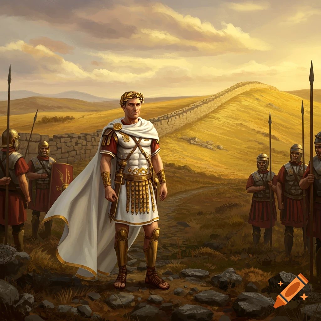 Roman emperor in white and gold armor, wearing a laurel wreath, stands with legionaries before Hadrian's Wall in a golden landscape at sunset.