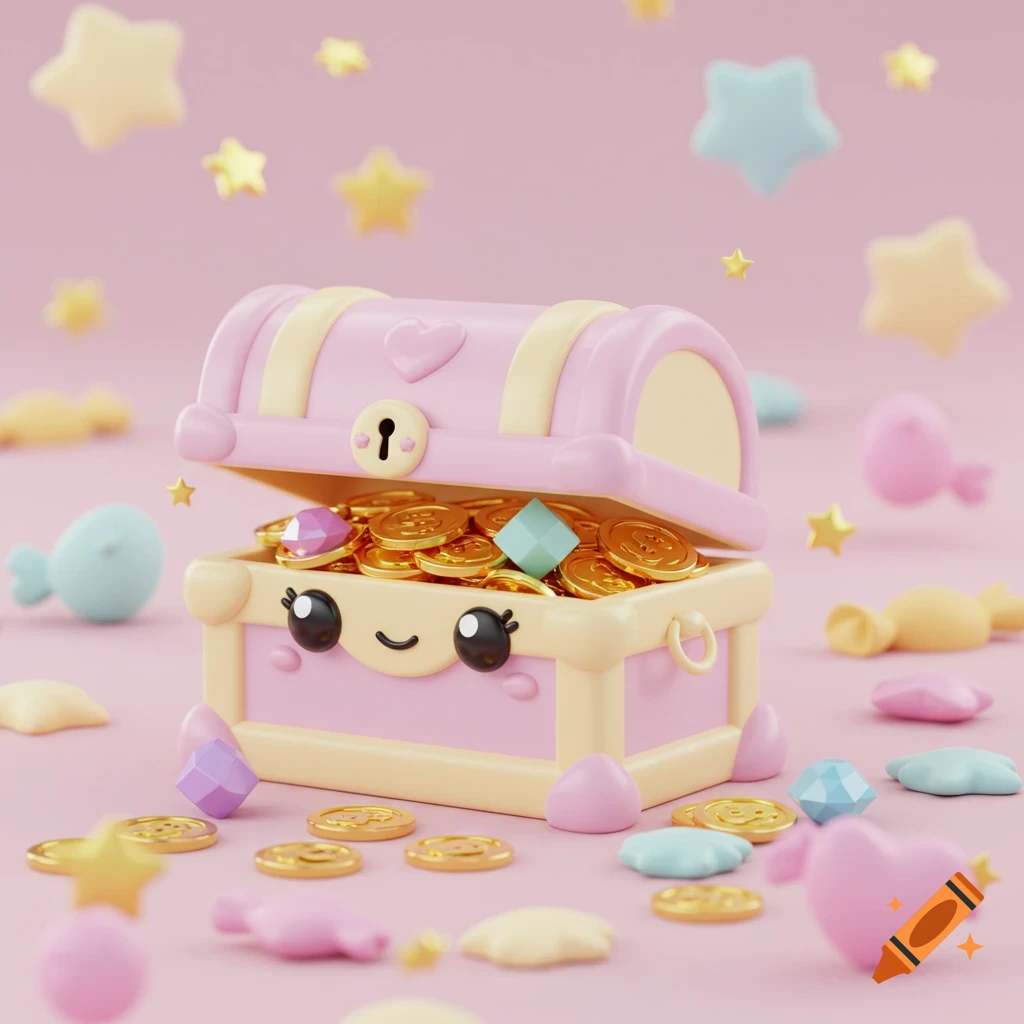 A kawaii pink treasure chest filled with gold coins and colorful gems, surrounded by pastel candies and stars on a pink background, in a 3D render style.