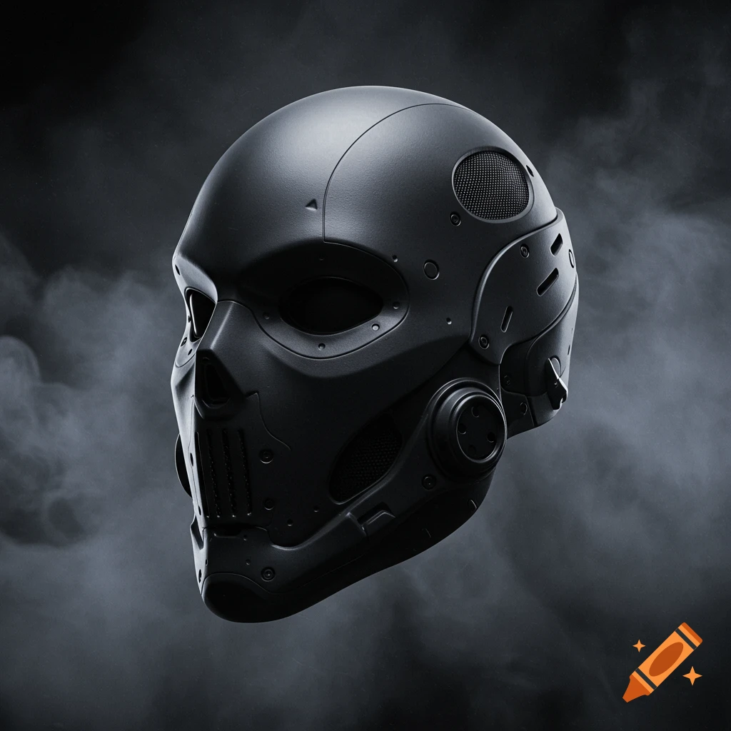 A close-up, photorealistic shot of a matte black full-head tactical mask with a featureless faceplate, against a smoky dark background.