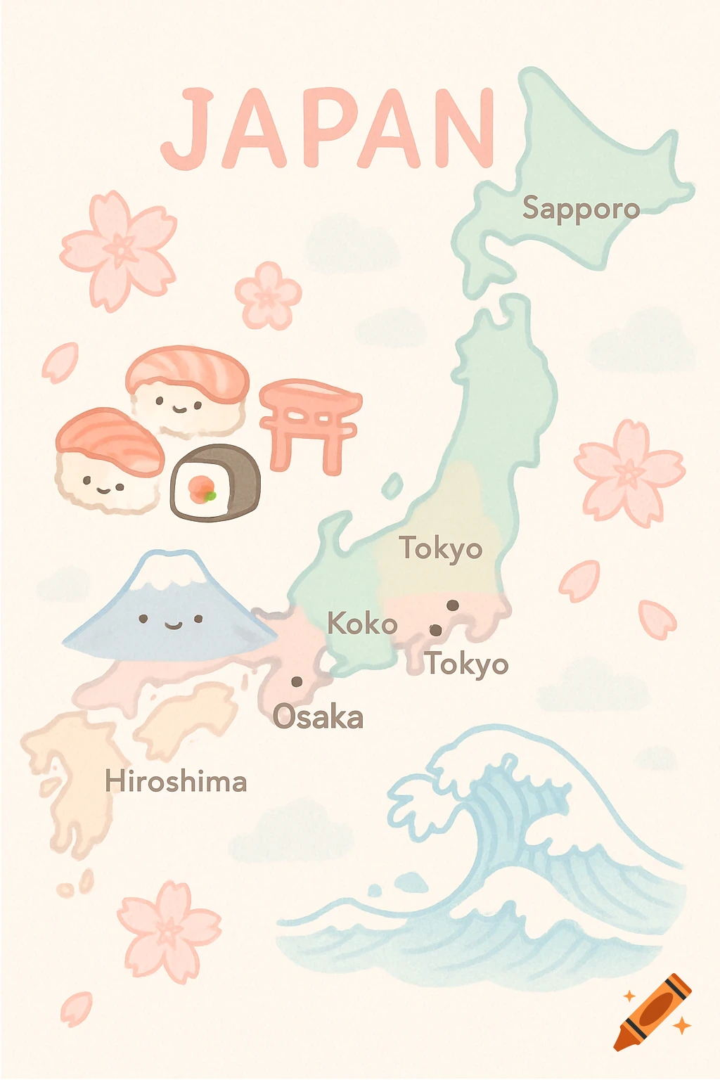 A kawaii pastel illustration of Japan's map with cities, sushi, Mount Fuji, cherry blossoms, a torii gate, and ocean waves.
