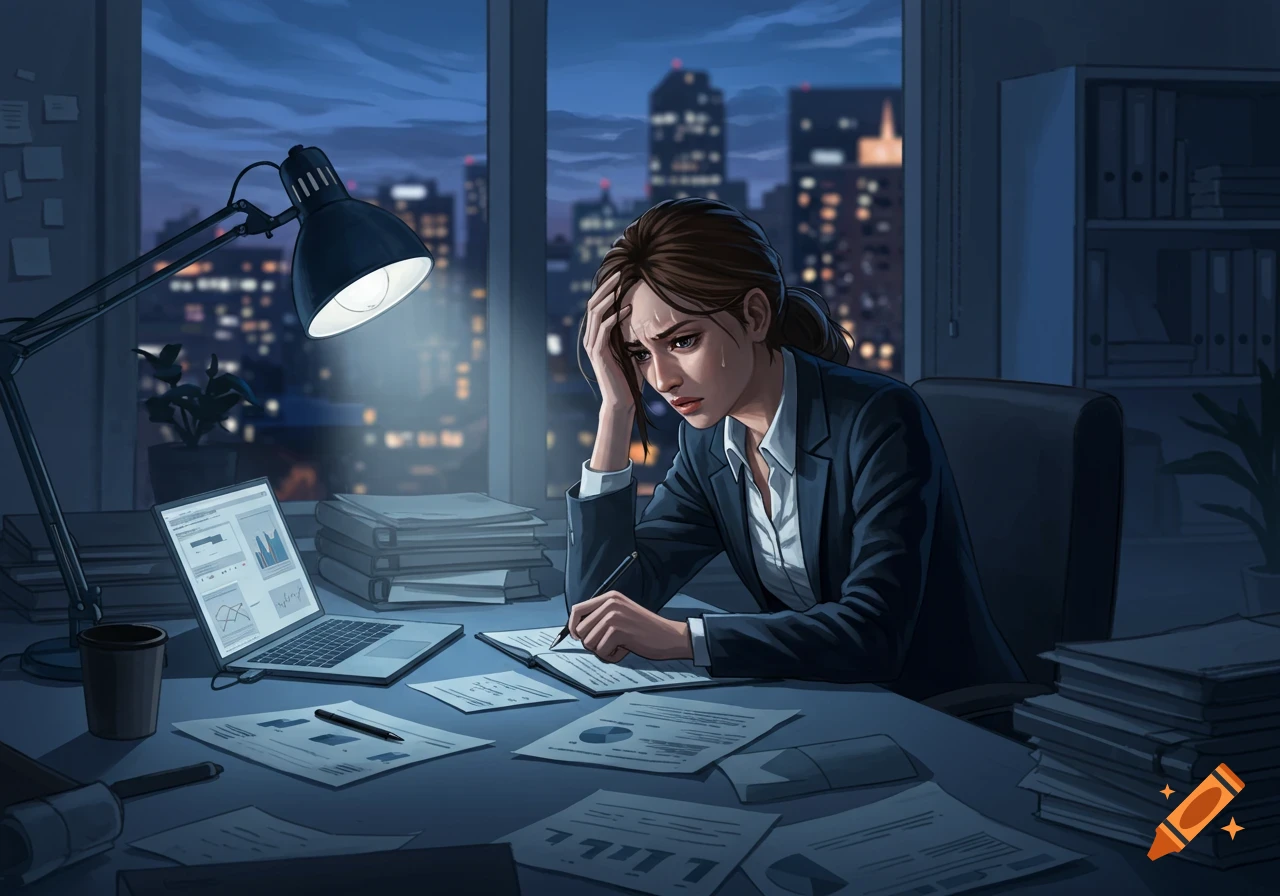 A distressed woman in a suit holds her head while writing at a desk cluttered with papers in a dimly lit office at night, city lights visible outside.