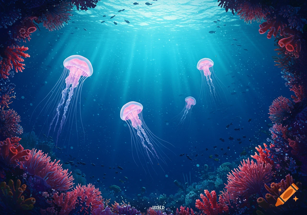 Several pink jellyfish float in a vibrant blue ocean, illuminated by sunbeams, surrounded by red and purple coral.
