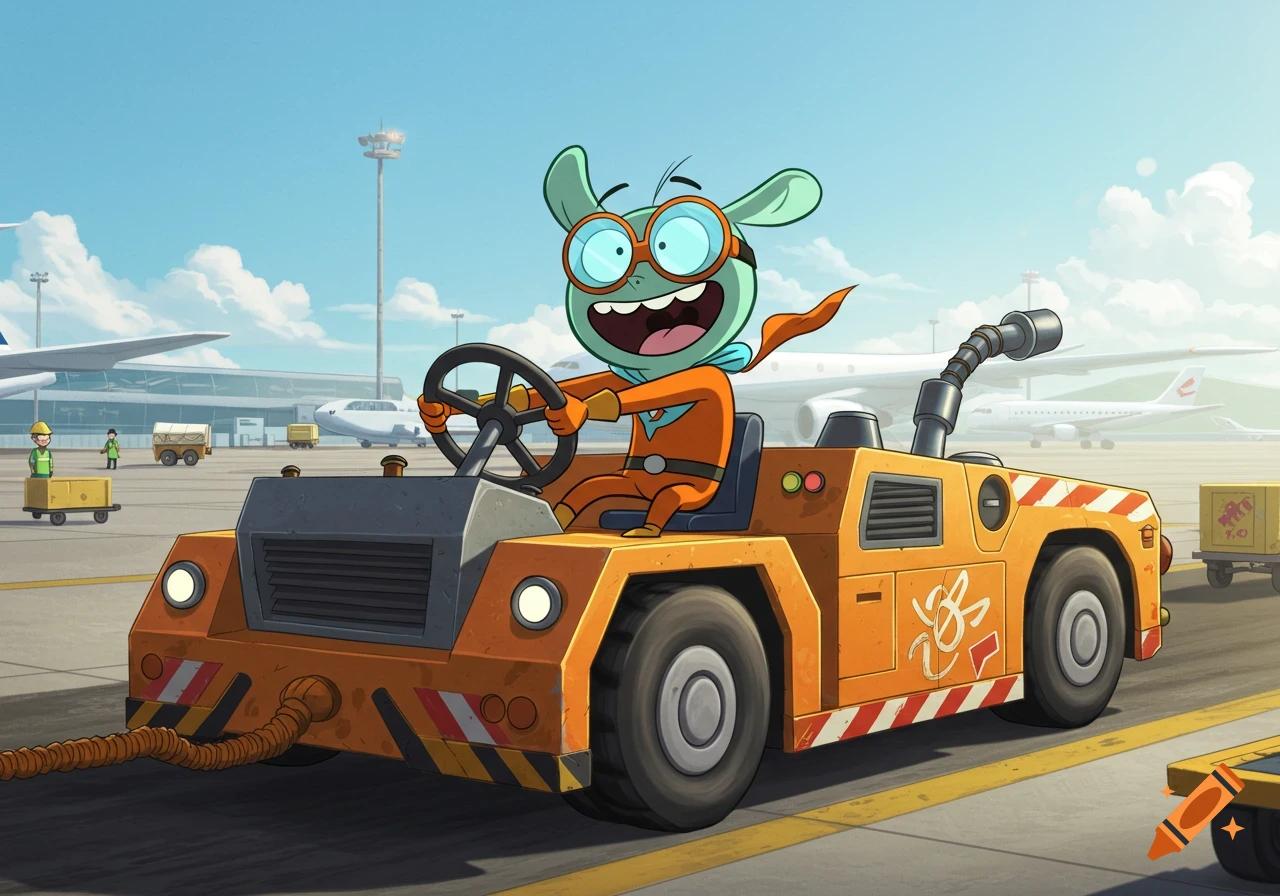A happy green cartoon character in orange aviator gear drives an airport tug on a sunny tarmac with airplanes in the background.