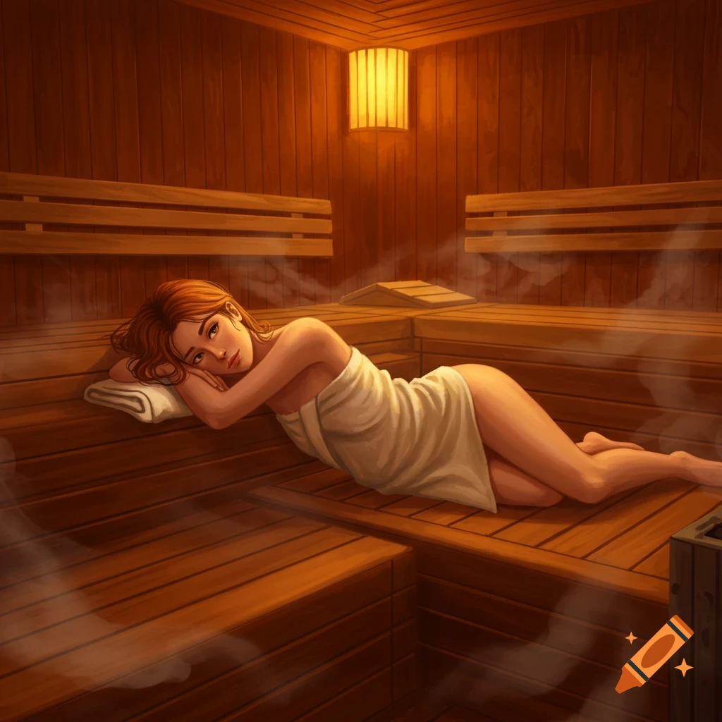 A woman with red hair lies on a wooden bench in a steamy sauna, in a digital art style.