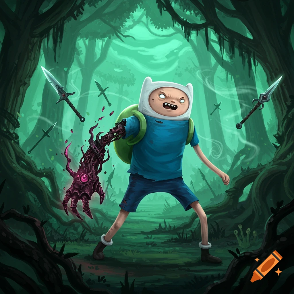 Finn the Human with a monstrous, corrupted arm and an angry expression, surrounded by floating swords in a dark, swampy forest.