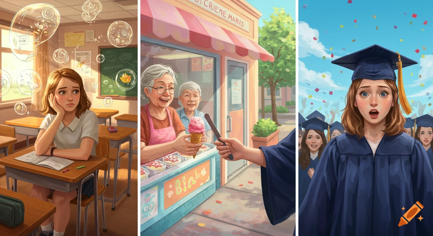 A triptych of illustrations: a girl struggling to focus in a classroom, two elderly people selling ice cream, and a girl looking confused at her graduation.
