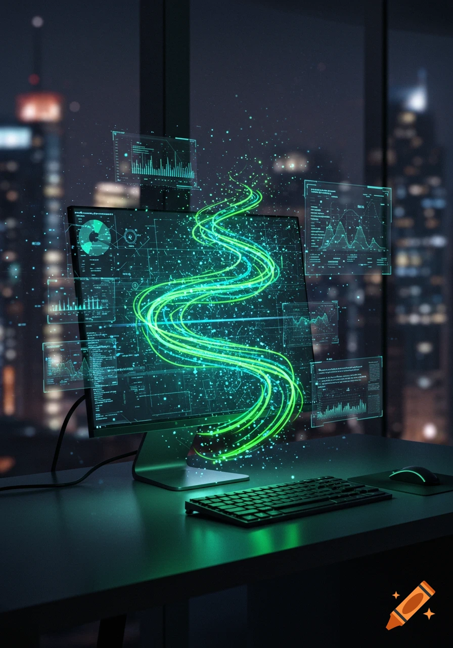 A dark room with a computer monitor displaying green data, charts, and swirling light, with holographic screens floating above a keyboard and mouse, overlooking a night city skyline.