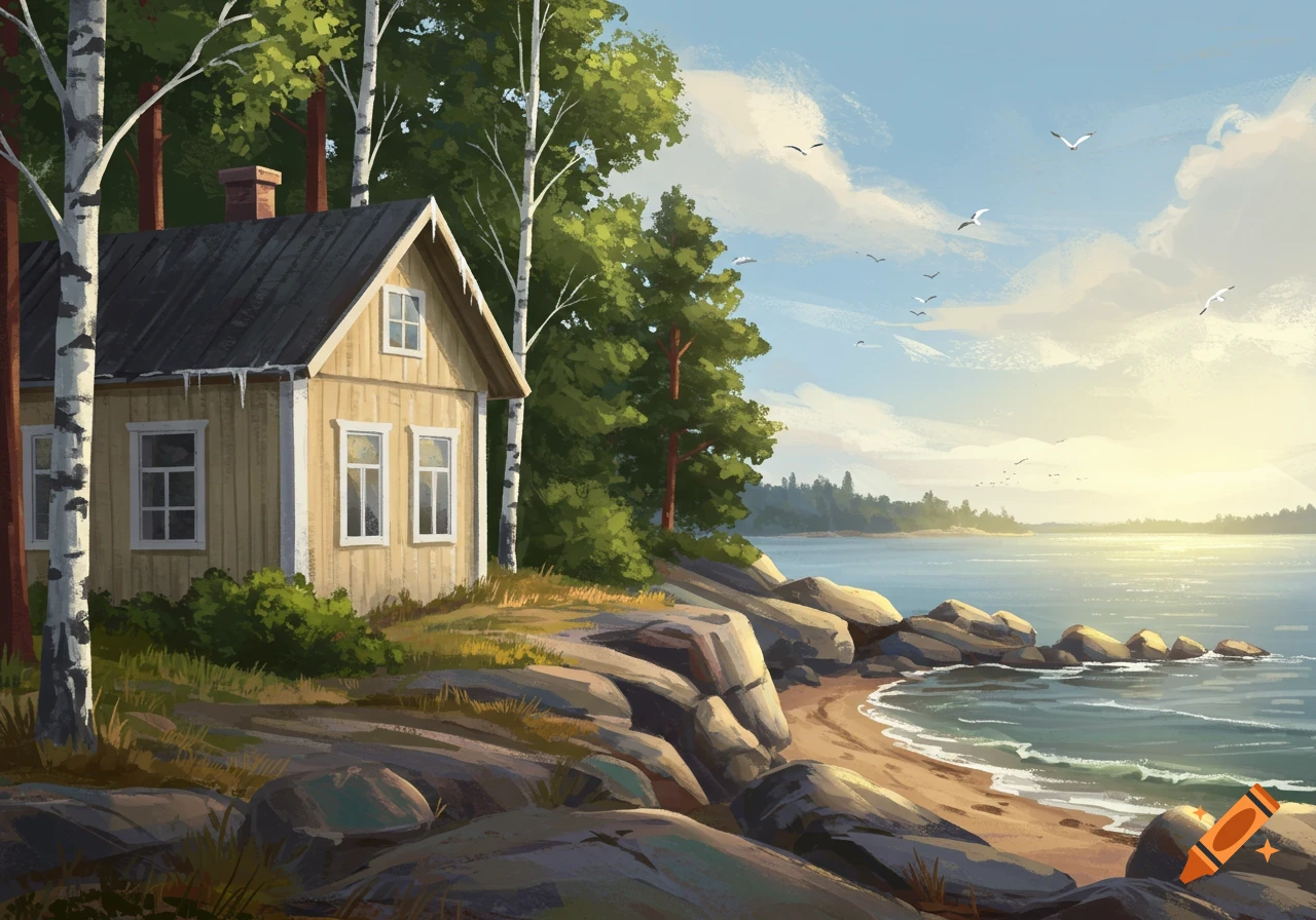 Illustrative painting of a yellow cottage nestled among birch trees by a rocky shoreline overlooking a sunlit lake.