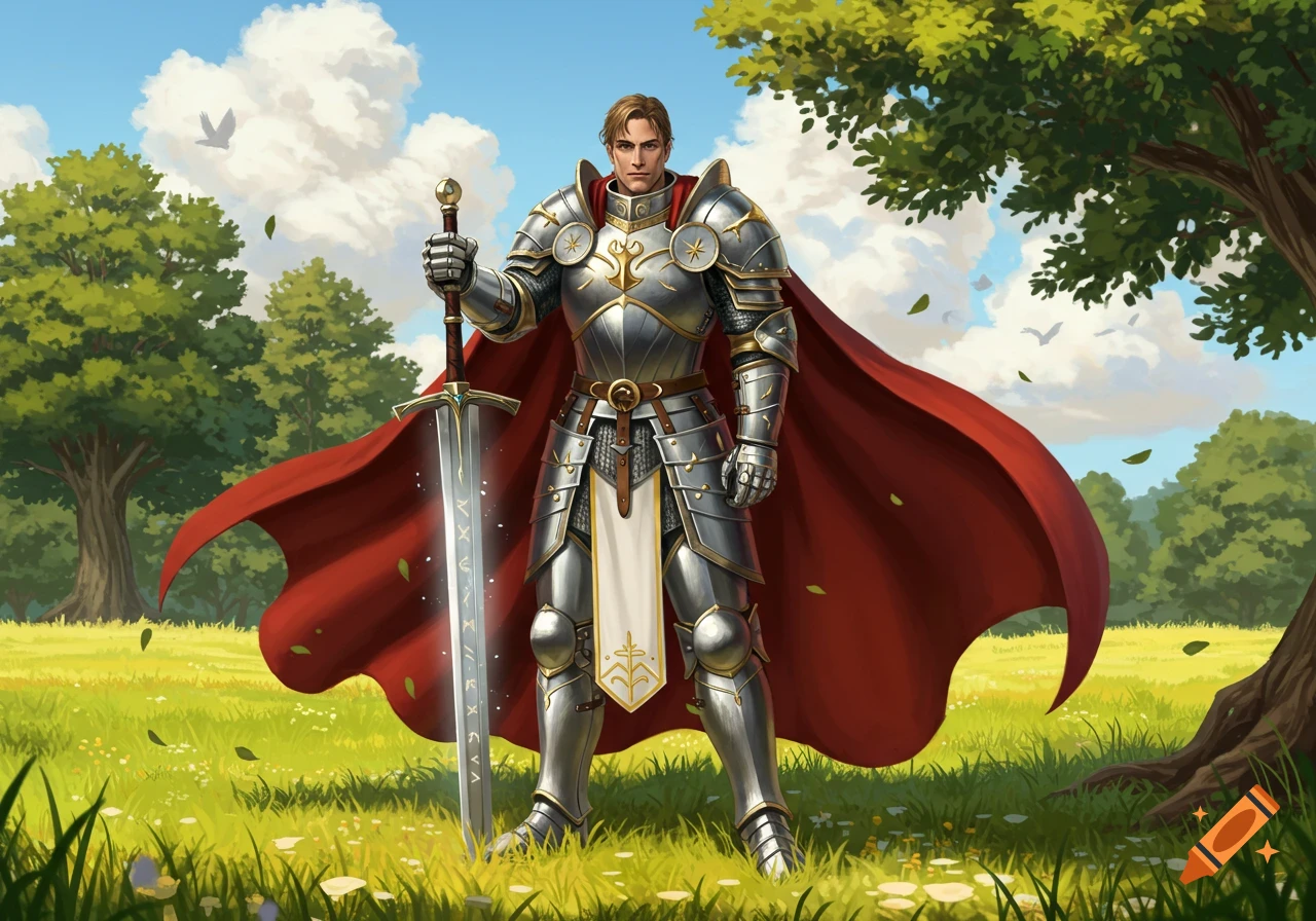 A male paladin in shining plate armor and a red cape stands in a vibrant green field, holding a large sword with runic markings.