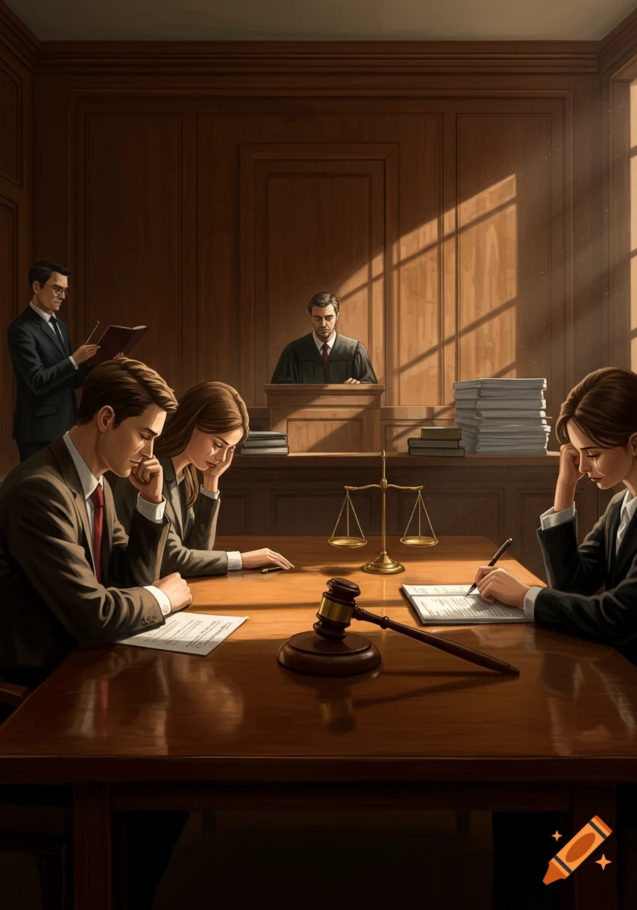 A solemn courtroom scene with a couple sitting at a table, heads bowed, alongside a gavel and scales of justice, as a judge presides in the background.