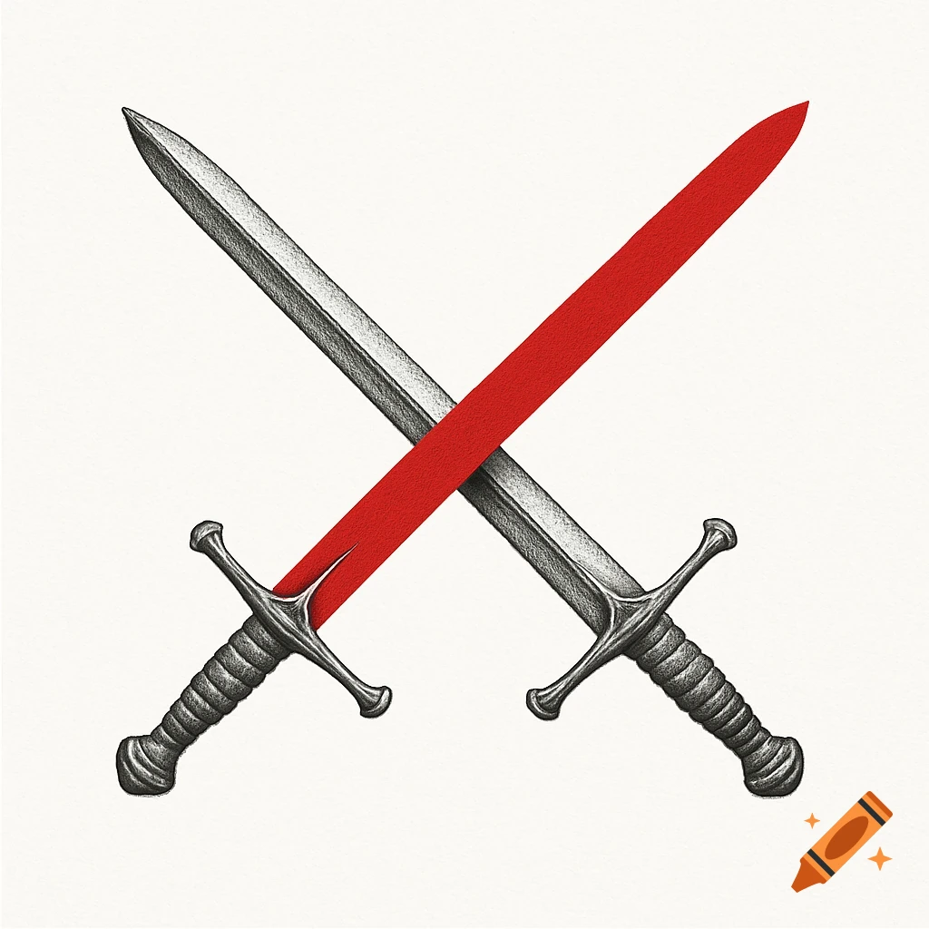 Two crossed medieval swords, one blade partially covered by a thick red diagonal stripe, on a white background.