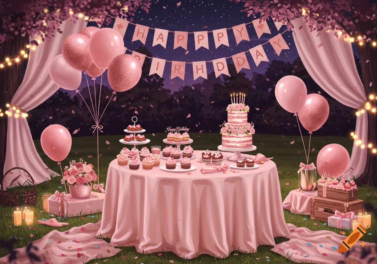 A pink-themed outdoor birthday party at night with a tiered cake, cupcakes, balloons, and twinkling lights.