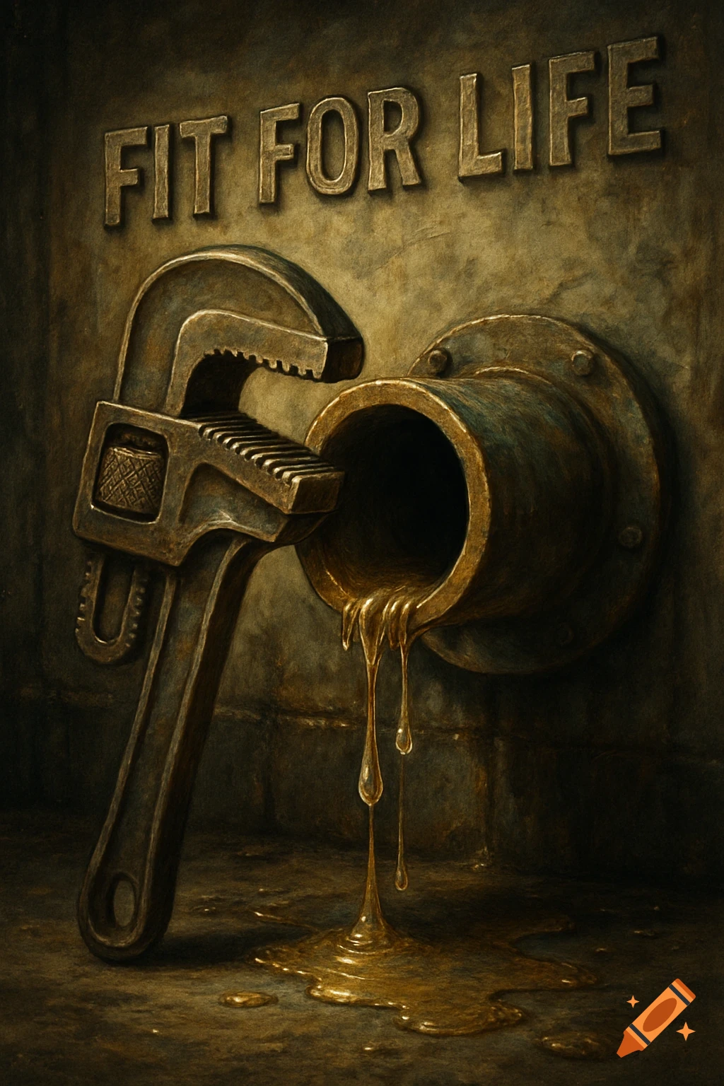 A rusty pipe wrench next to a pipe leaking golden liquid onto a dark, textured wall with 'FIT FOR LIFE' embossed above it.
