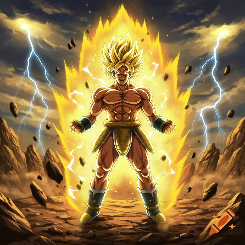 A muscular anime character with spiky blonde hair, glowing golden aura, and lightning in a rocky landscape.