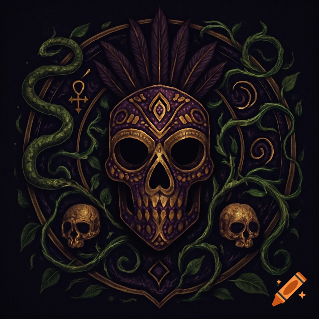 An ornate gold and purple skull with feathers, surrounded by green vines, snakes, and two smaller skulls on a dark background.