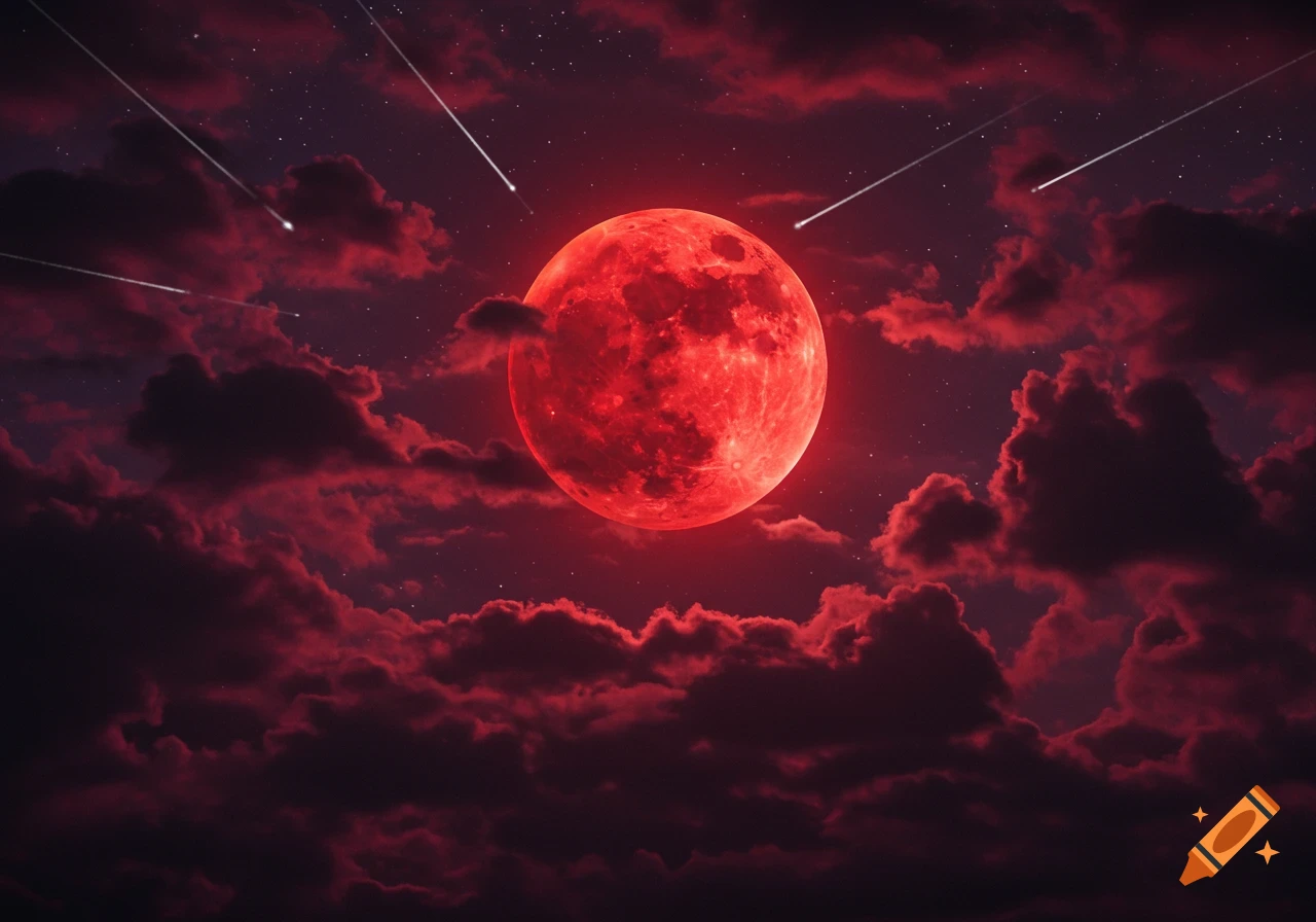 A dramatic night sky with a giant blood-red moon amidst dark clouds and ...
