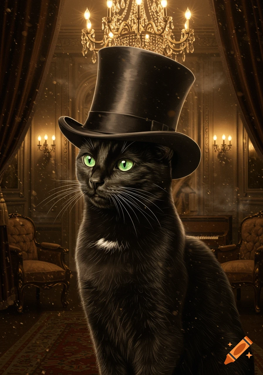 A majestic black cat with glowing green eyes wearing a top hat sits in a grand, richly decorated room with chandeliers.