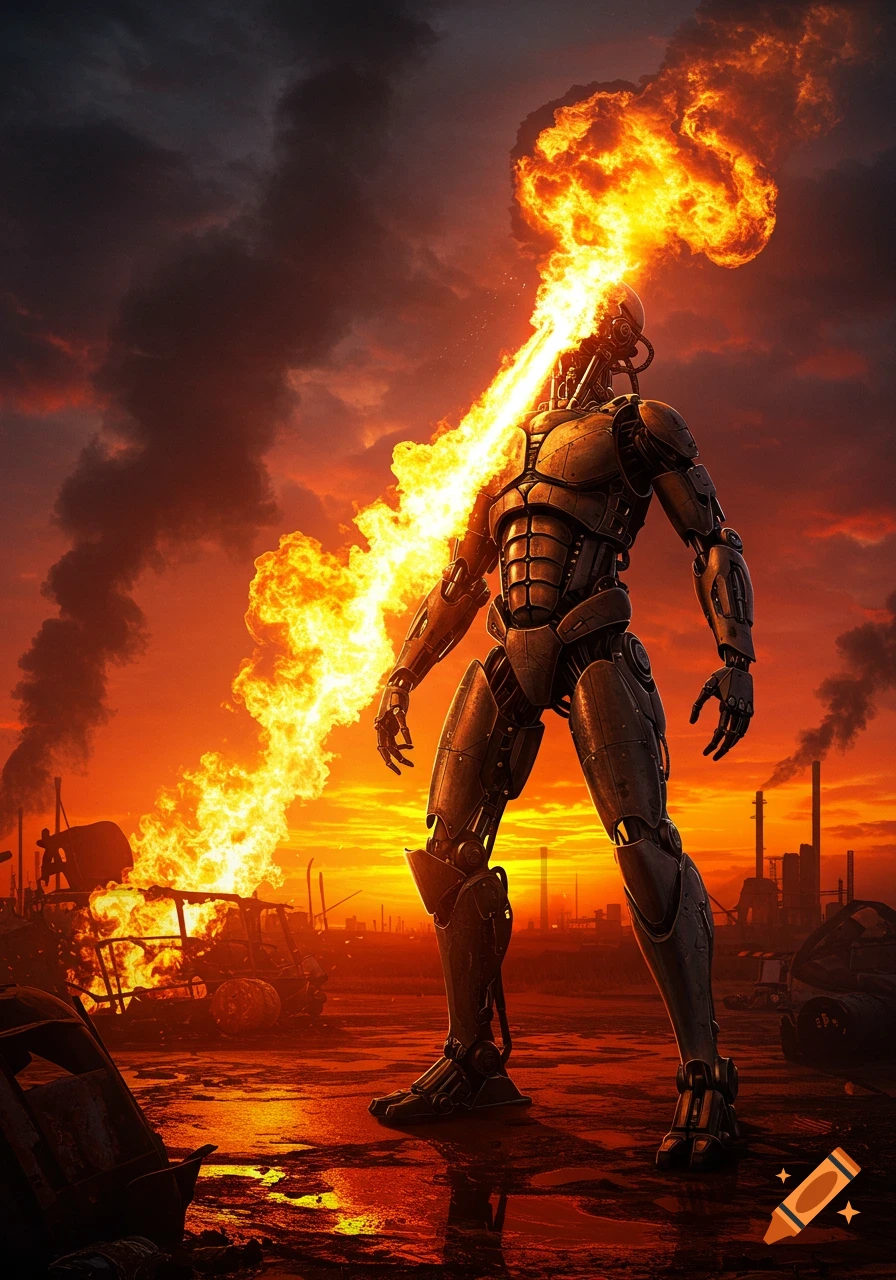 A bipedal robot with a metallic body stands amidst a fiery, ruined industrial landscape, breathing a stream of intense fire from its head under an orange sky.