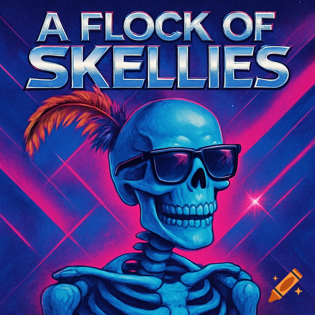 A blue skeleton in 80s sunglasses with a turkey feather, set against a neon pink and blue synthwave background, text 'A FLOCK OF SKELLIES' above.