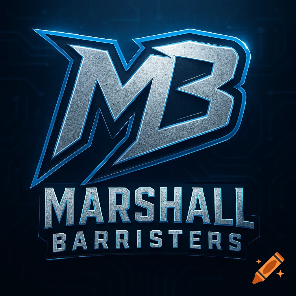 A sharp, futuristic metallic silver and blue logo featuring 'MB' at the top, 'MARSHALL' below, and 'BARRISTERS' at the bottom.