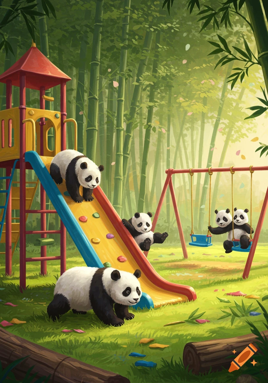 Cute cartoon pandas playing on a colorful playground with a slide and swings, set in a lush bamboo forest.