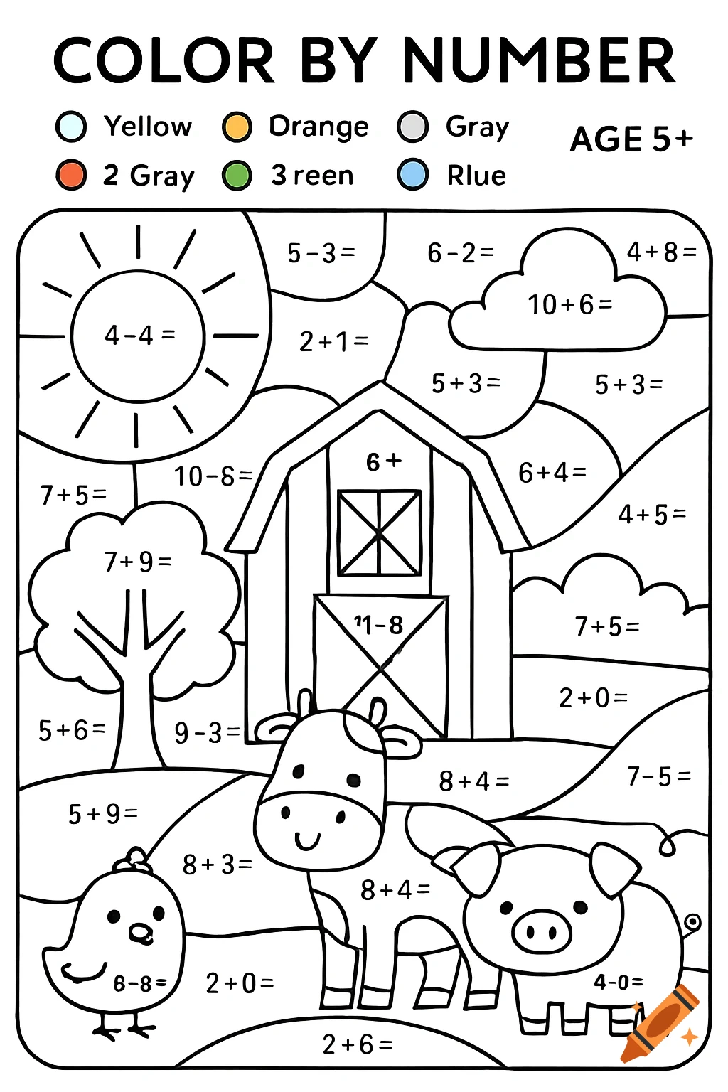 A black and white color by number page for kids, featuring farm animals like a cow, chick, and pig, a barn, and a tree, with math problems in each section and a color key with misspelled words at the top.