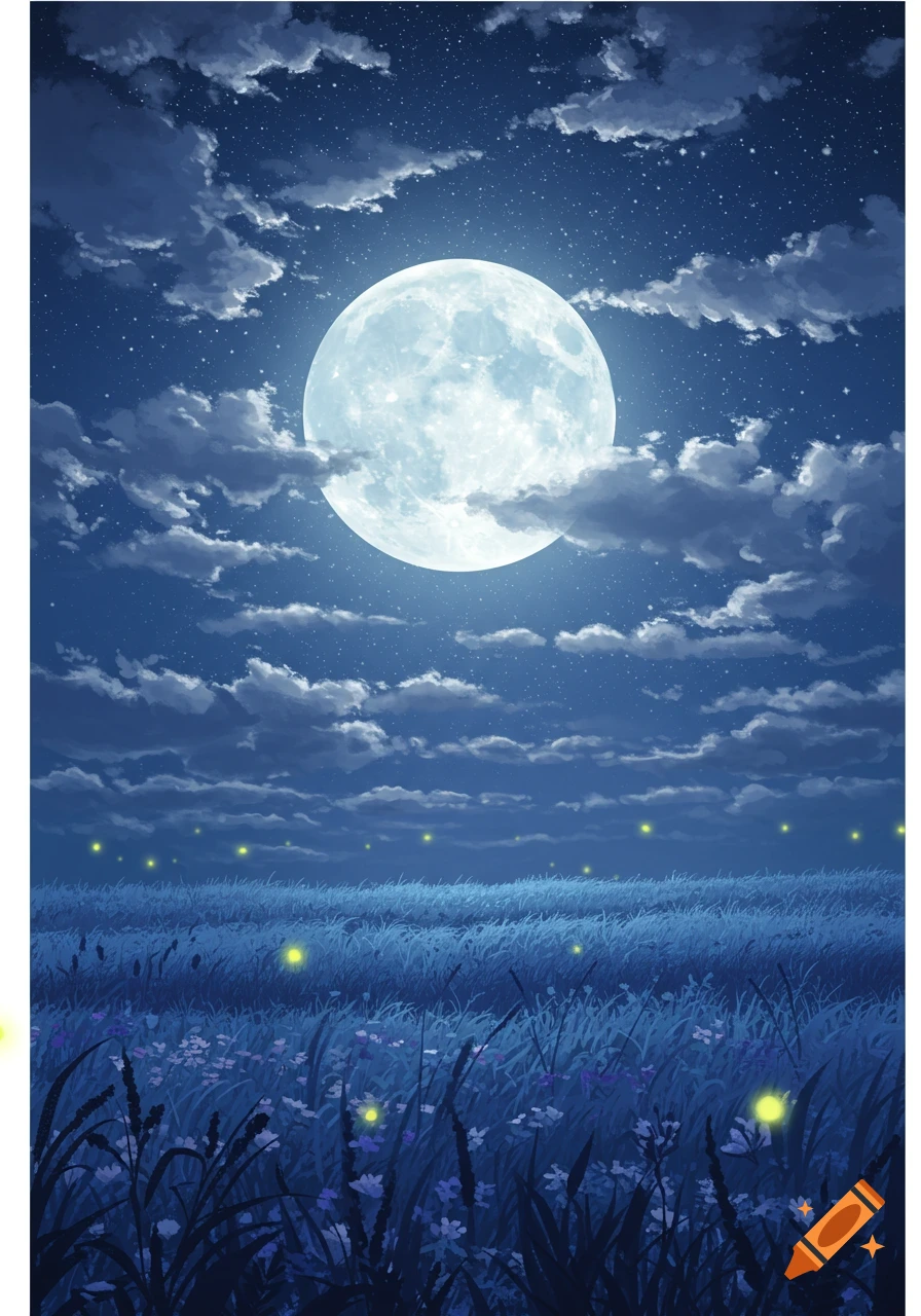 Vibrant illustration of a luminous full moon in a starry, cloudy night sky above a field of glowing fireflies and wildflowers.