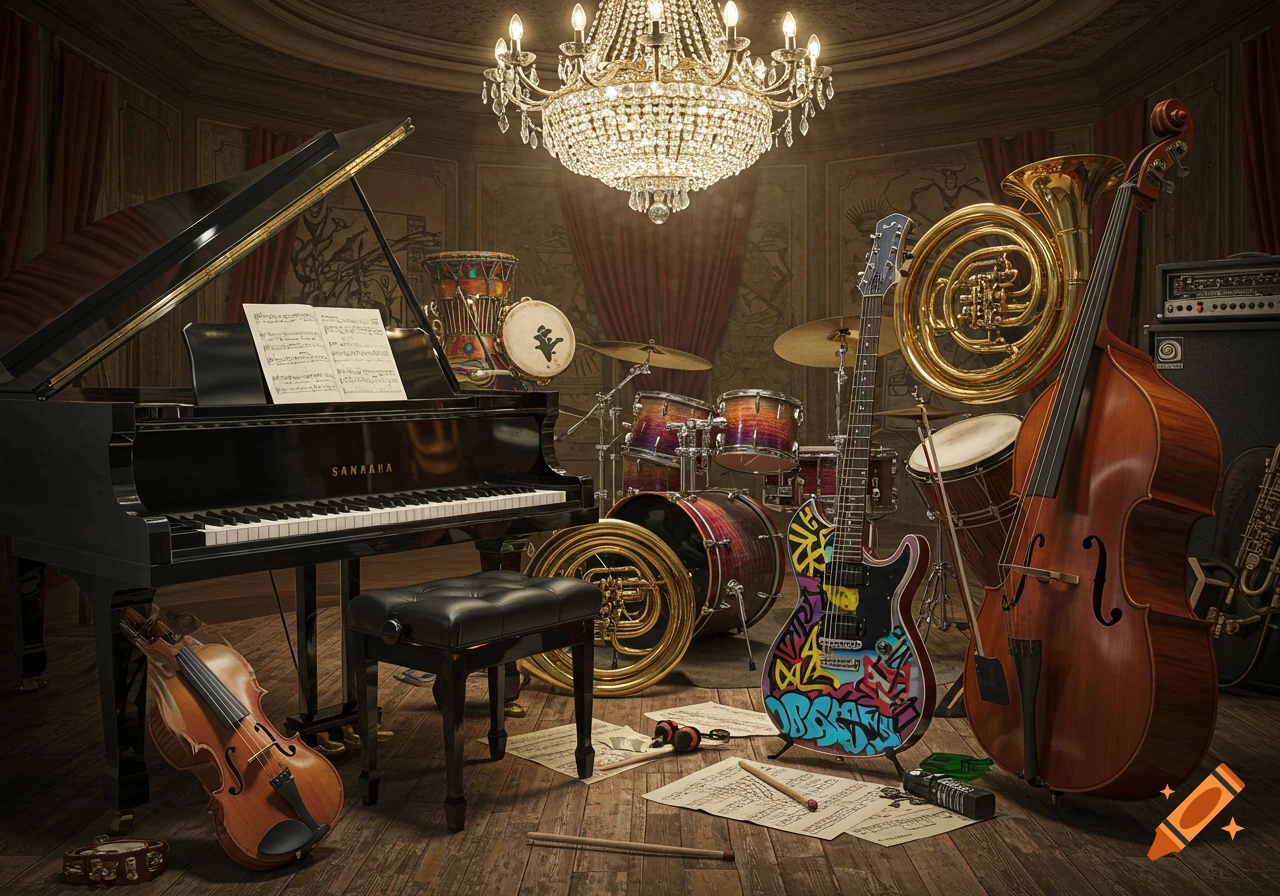 A grand piano with sheet music, violin, drum kit, electric guitar, French horn, and double bass in a luxurious room with a crystal chandelier.