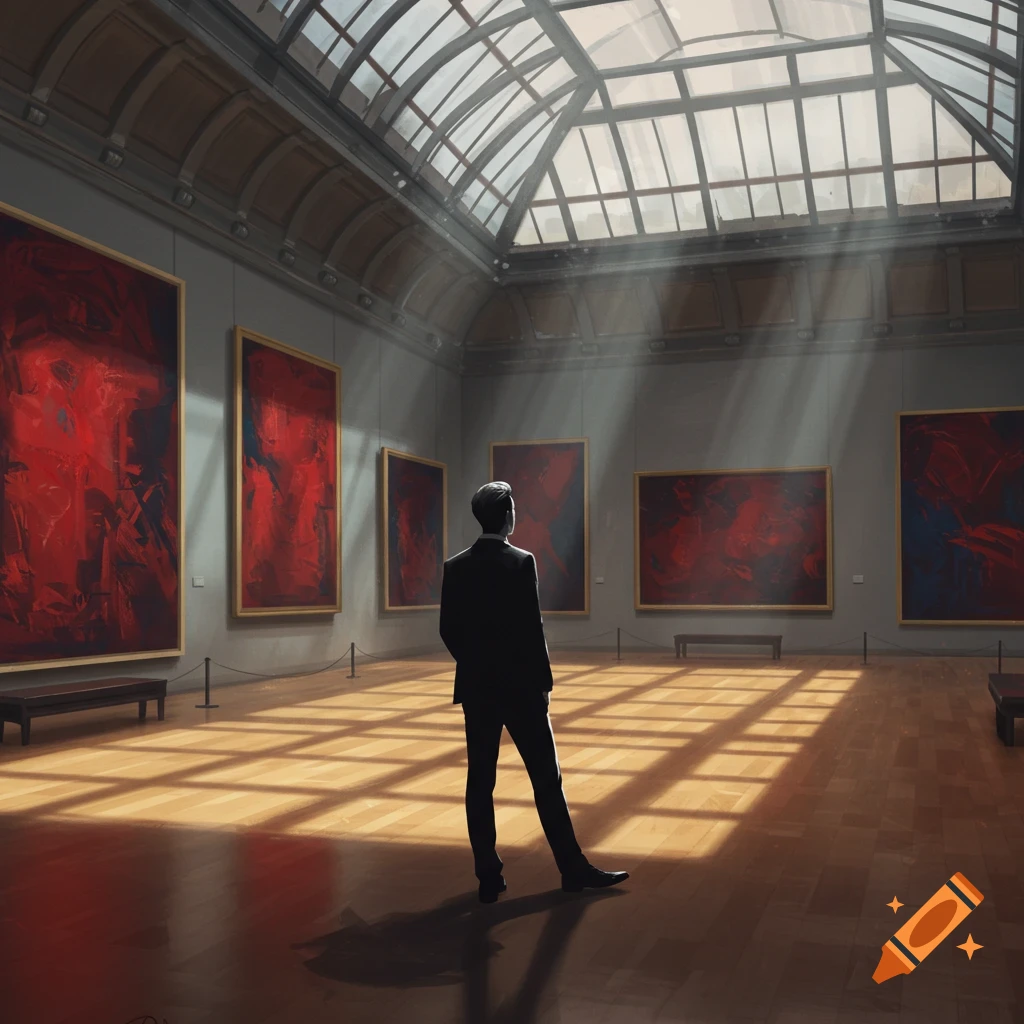 A person stands in a sunlit art gallery, looking at large abstract red paintings on the walls.