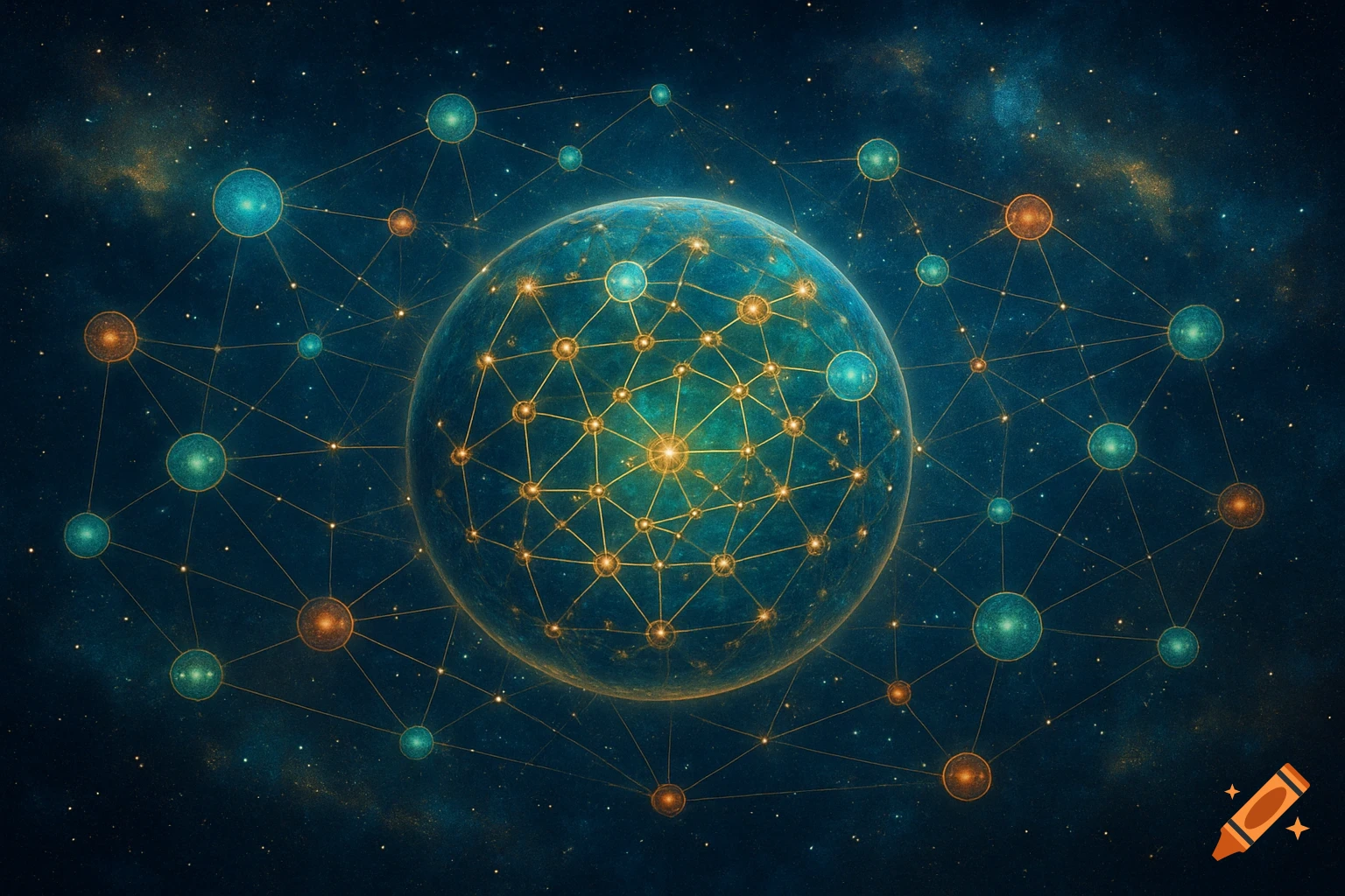 A stylized blue-green globe at the center of an intricate glowing interconnected network of golden nodes and lines against a dark starry space background.