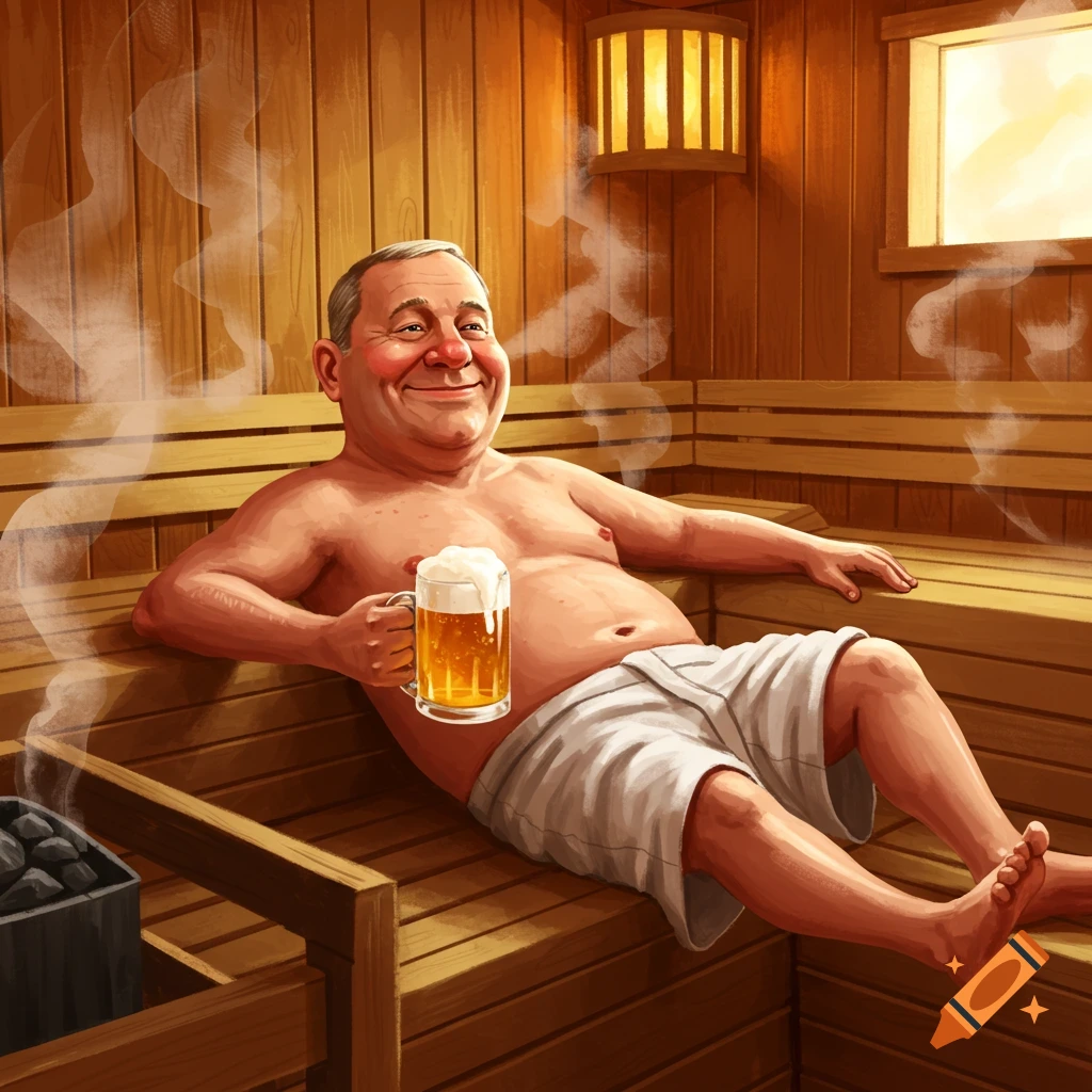 A smiling, shirtless man in a sauna holds a mug of beer while relaxing on a wooden bench, with steam in the air.