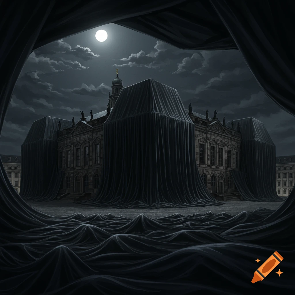 A grand building covered in dark sheets under a full moon, viewed through draped curtains creating a mysterious atmosphere.
