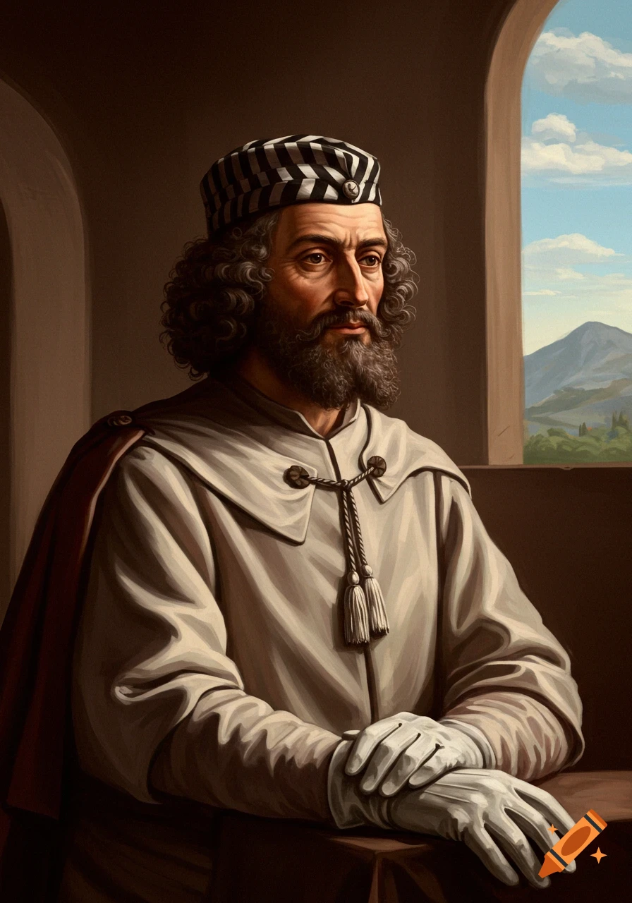 A man in historical attire, with a beard, striped hat, and white gloves, looks right. A window behind him shows mountains and sky.