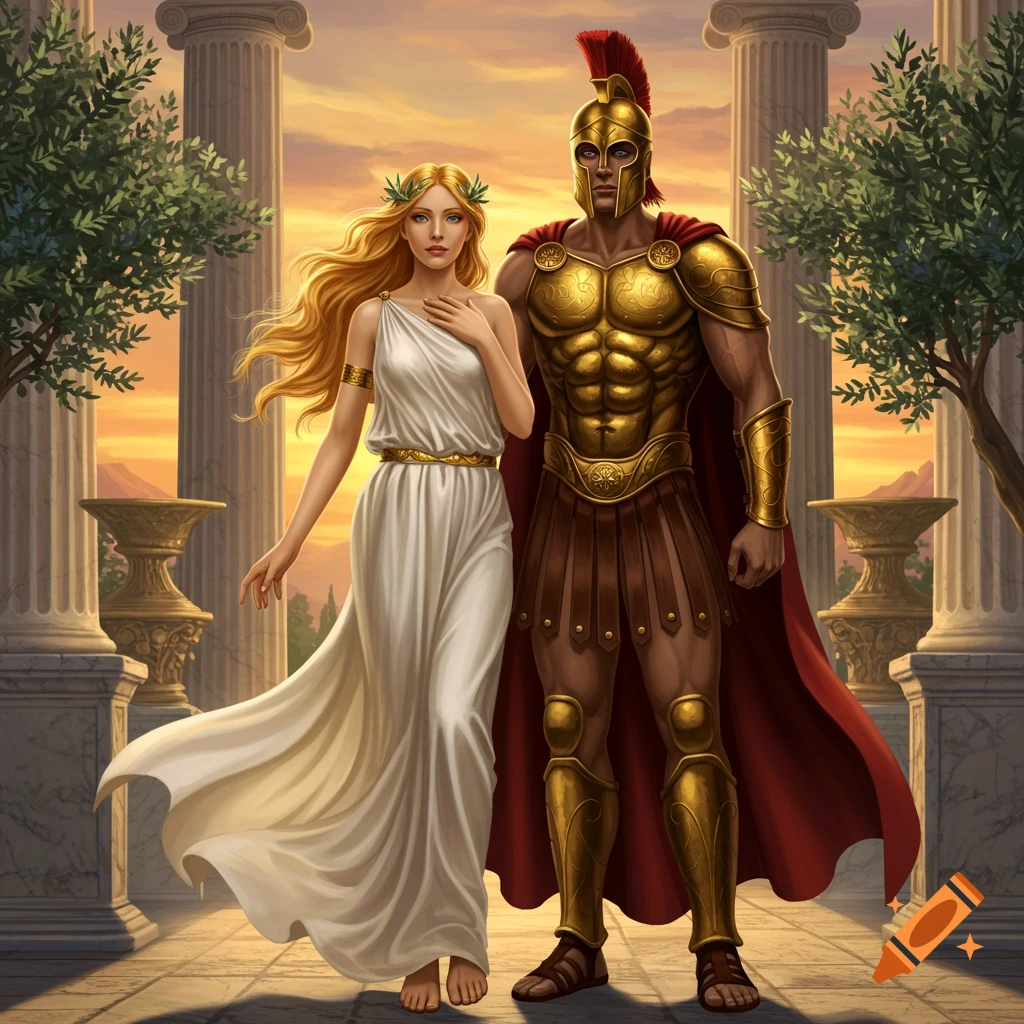 A blonde woman in a white toga with a laurel crown stands beside a man in golden Greek armor, amidst ancient columns at sunset.