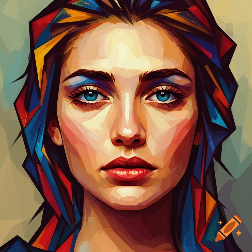An abstract, colorful cubist portrait of a woman's face with blue eyes and geometric shapes.