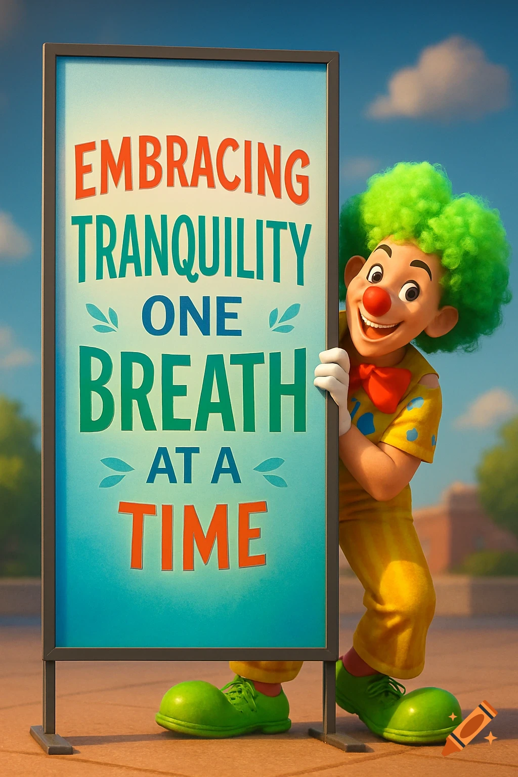 A cheerful 3D cartoon clown with green hair and large green shoes peeks from behind a sign that reads 'EMBRACING TRANQUILITY ONE BREATH AT A TIME'.