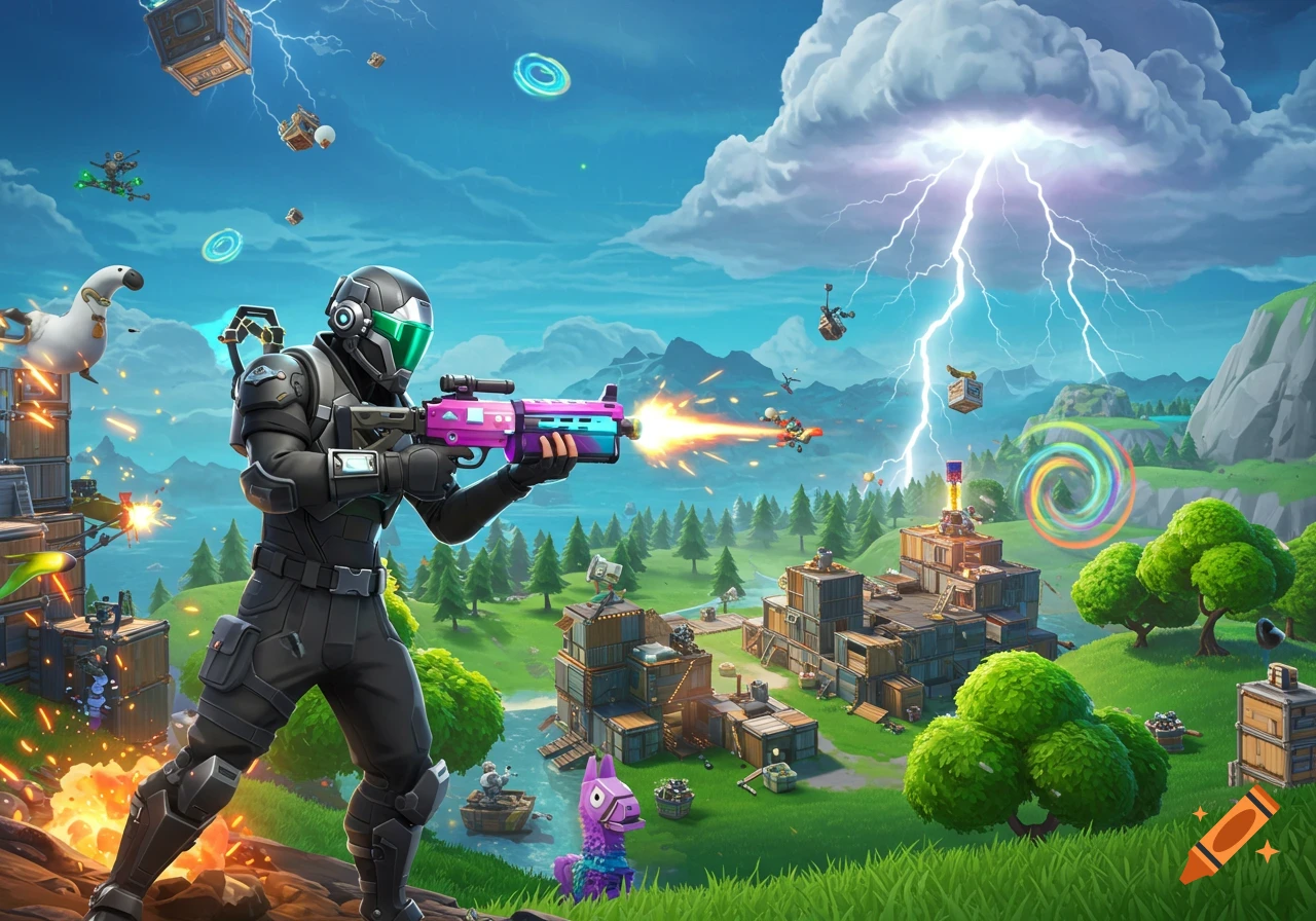 A Fortnite character in a black and green suit fires a colorful weapon in a vibrant, stylized battle royale landscape with lightning, buildings, and a Llama.