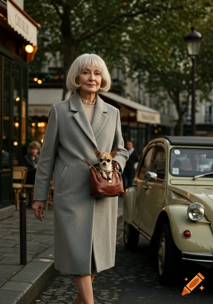 An elderly woman with a bobcut and a gray coat walks on a cobblestone street in Paris, holding a chihuahua in a brown purse. A vintage car is nearby.