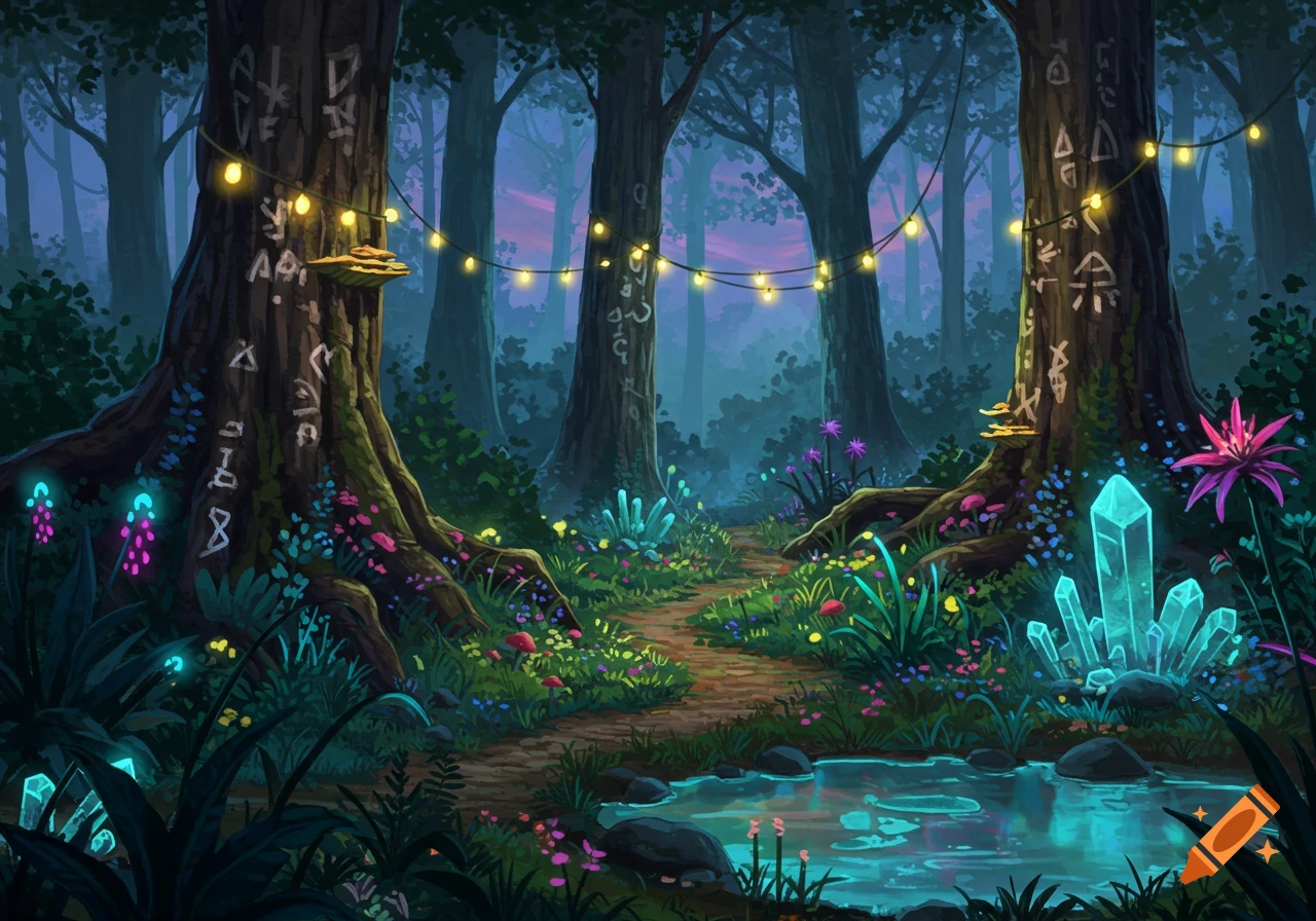 A whimsical, magical forest at twilight with a winding path, glowing ...