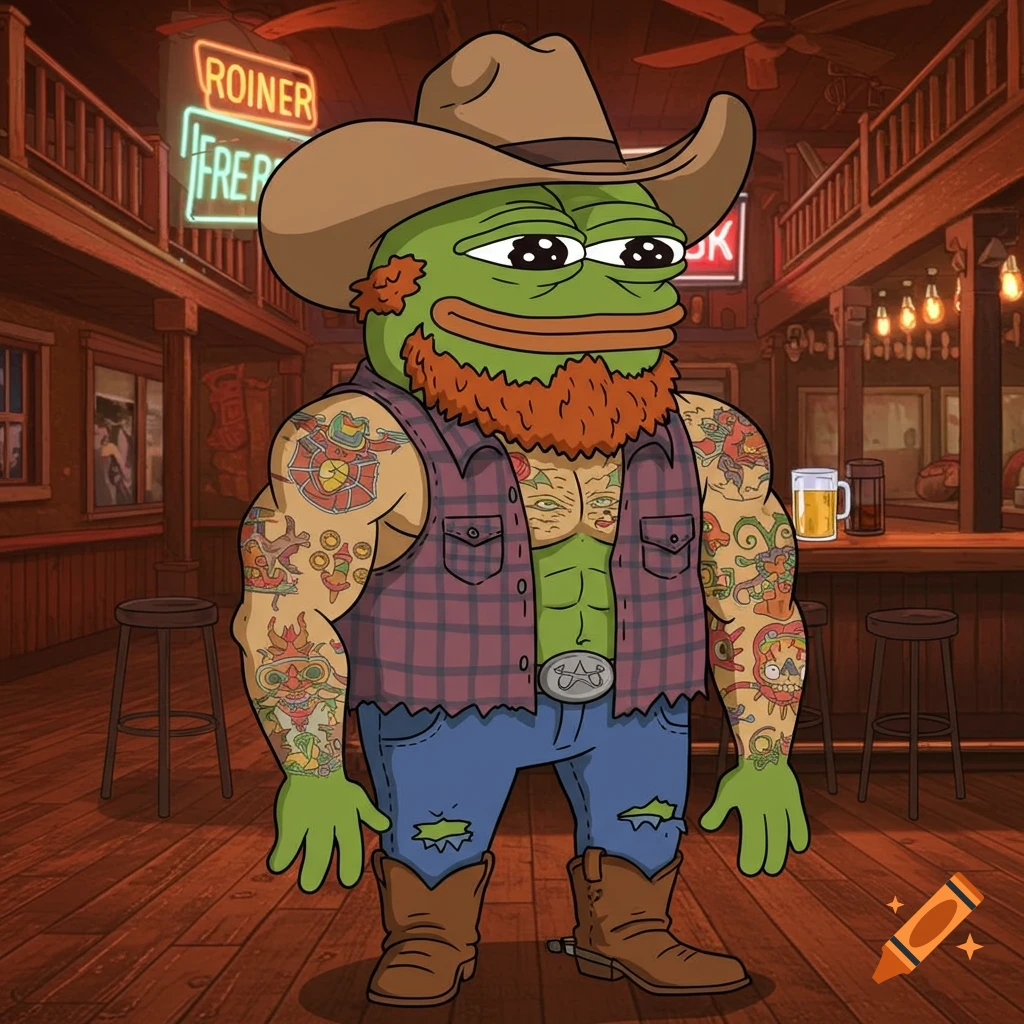 A cartoon Pepe the Frog as a heavily tattooed, bearded redneck in a cowboy hat and plaid vest, standing in a rustic bar.