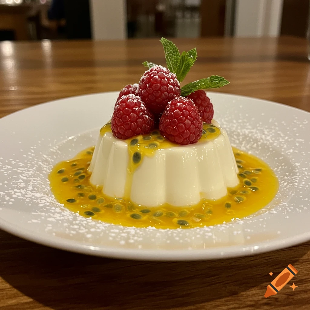 White chocolate panna cotta with raspberries, passion fruit sauce, and powdered sugar on a white plate.