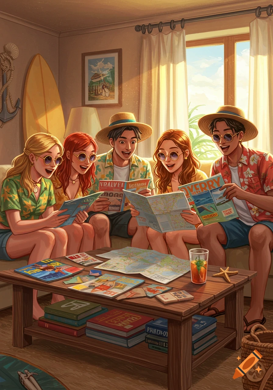 Five friends in straw hats and Hawaiian shirts are seated on a sofa, looking at maps and magazines, planning a beach trip in a sunny, decorated room. Stylized illustration.