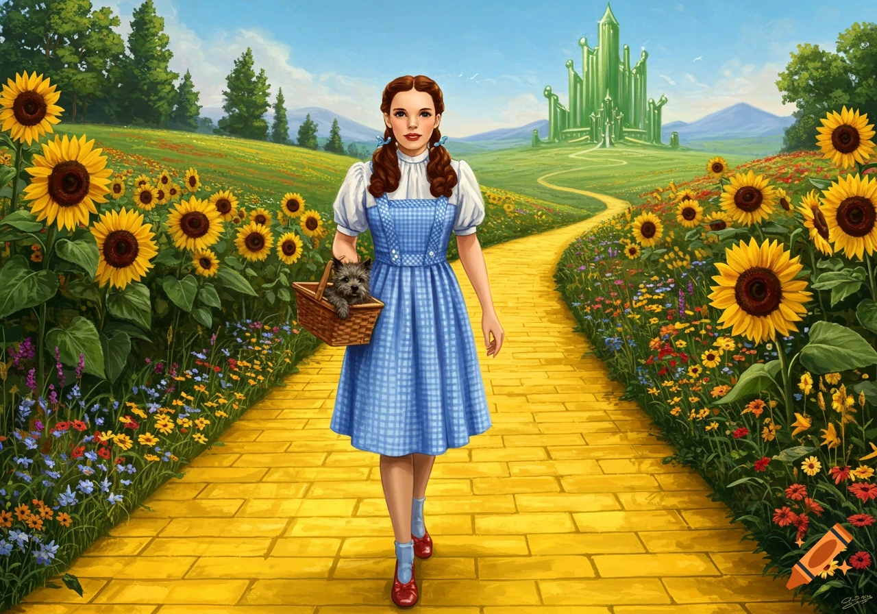 Illustration of Dorothy walking with Toto in a basket down the yellow brick road towards the Emerald City through a field of sunflowers.